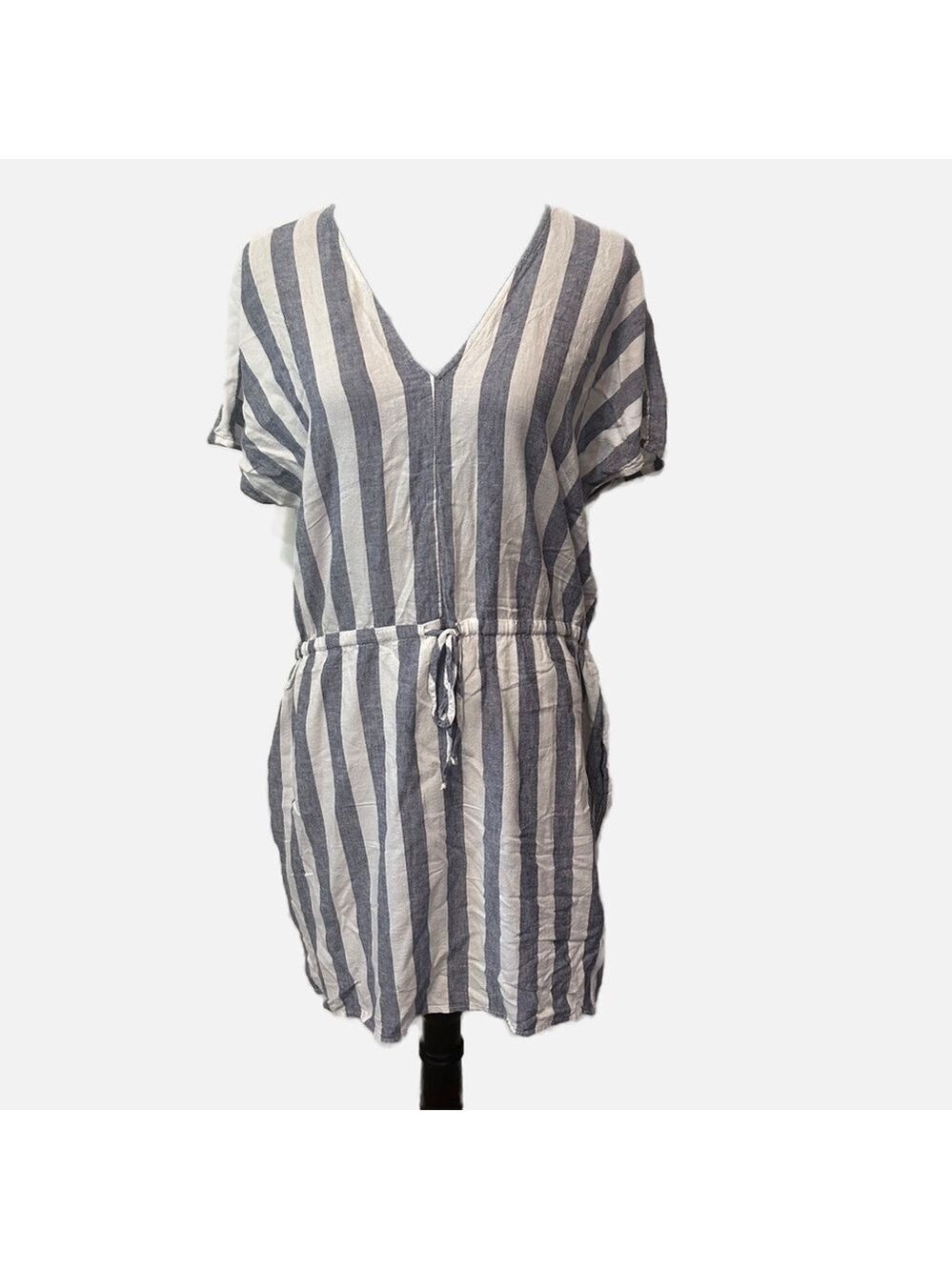 Rails Women’s Midi Dress Wren Seattle Stripe Large Blue White Rayon Linen Blend